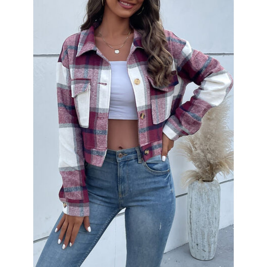 Plaid Button Up Drop Shoulder Cropped Jacket Apparel and Accessories