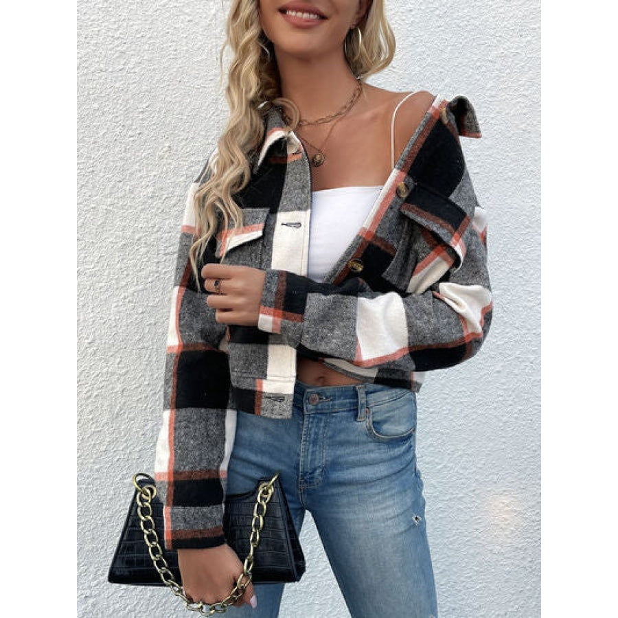 Plaid Button Up Drop Shoulder Cropped Jacket Apparel and Accessories