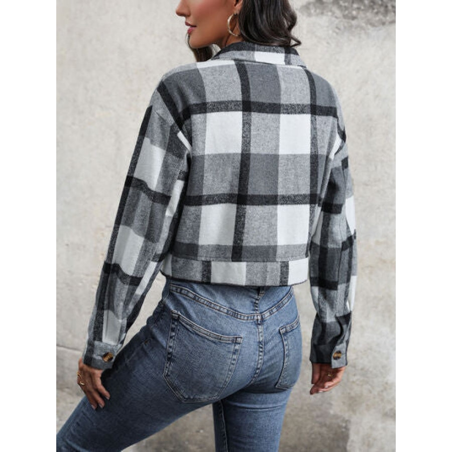 Plaid Button Up Drop Shoulder Cropped Jacket Apparel and Accessories