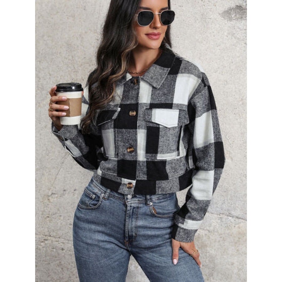 Plaid Button Up Drop Shoulder Cropped Jacket Apparel and Accessories