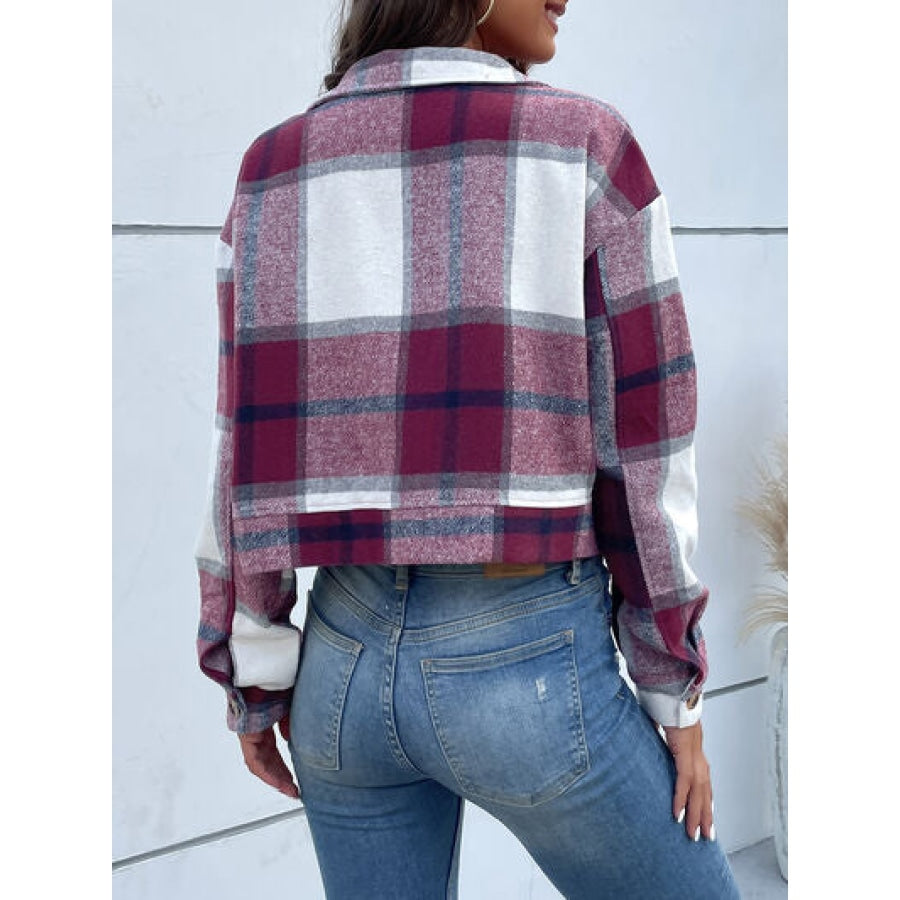 Plaid Button Up Drop Shoulder Cropped Jacket Apparel and Accessories