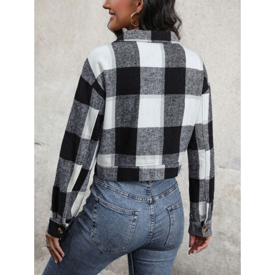 Plaid Button Up Drop Shoulder Cropped Jacket Apparel and Accessories