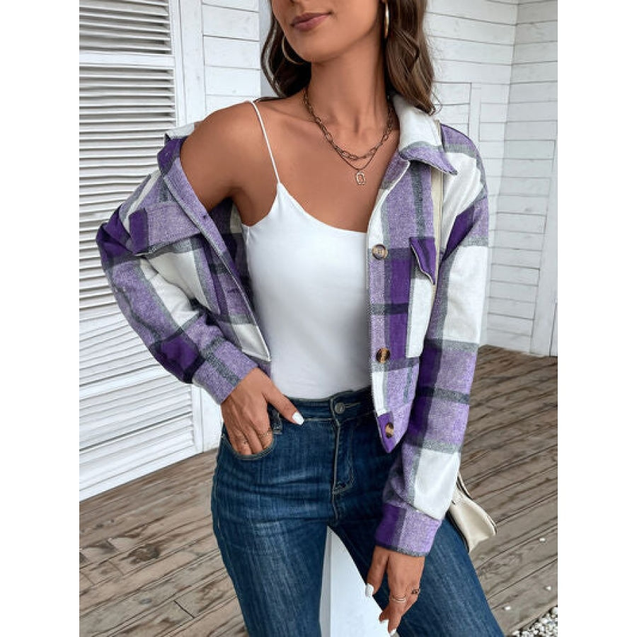 Plaid Button Up Drop Shoulder Cropped Jacket Apparel and Accessories