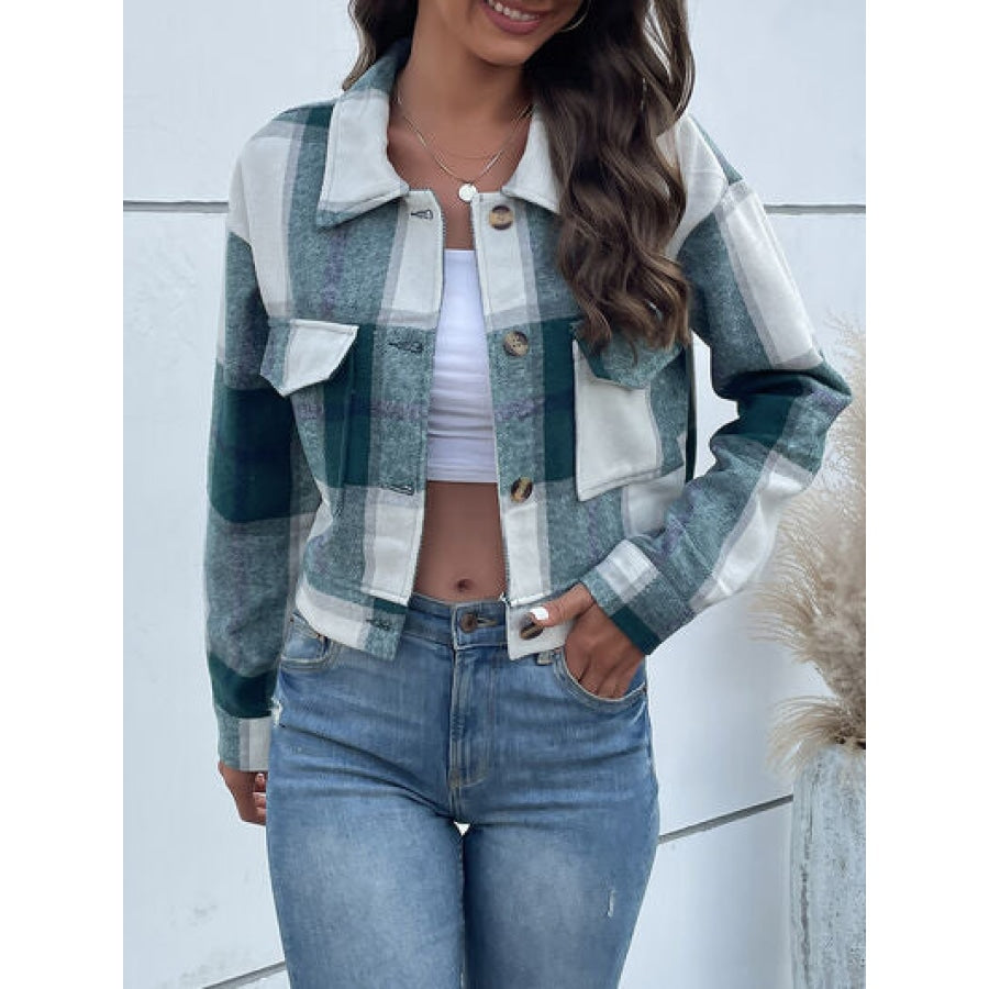 Plaid Button Up Drop Shoulder Cropped Jacket Apparel and Accessories