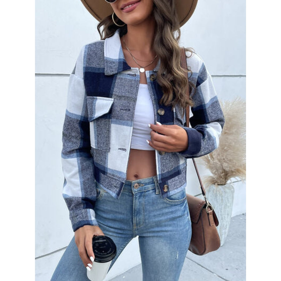 Plaid Button Up Drop Shoulder Cropped Jacket Apparel and Accessories