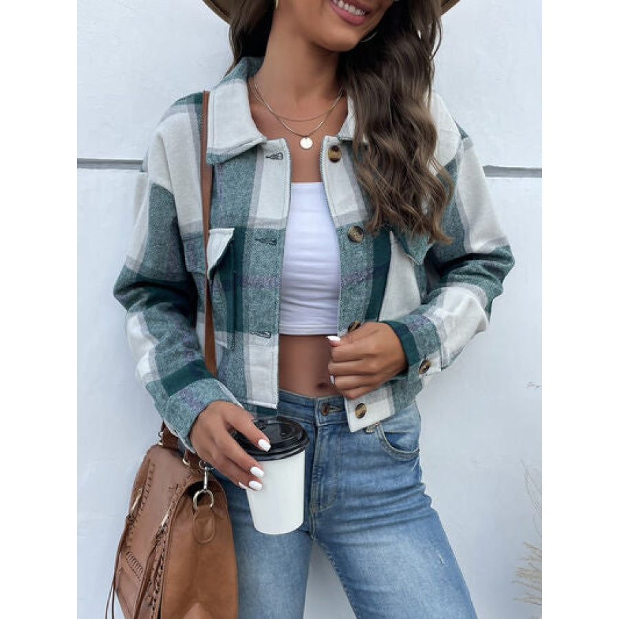 Plaid Button Up Drop Shoulder Cropped Jacket Apparel and Accessories