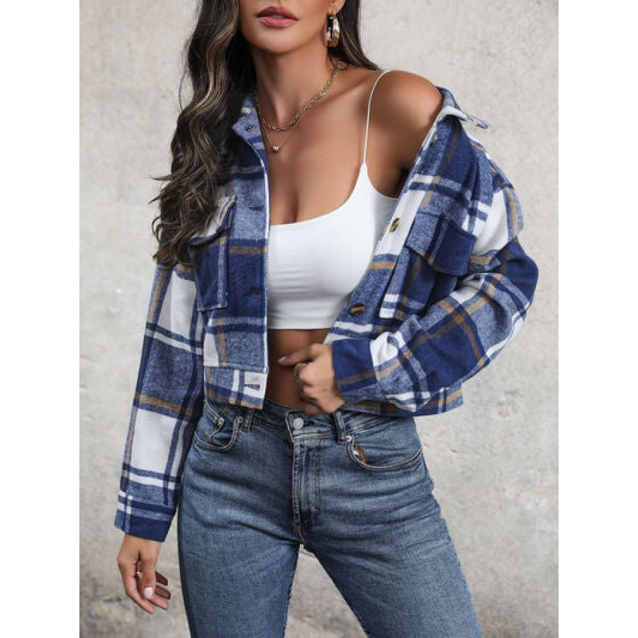 Plaid Button Up Drop Shoulder Cropped Jacket Apparel and Accessories