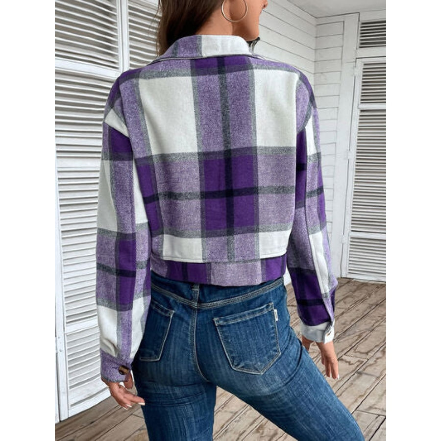 Plaid Button Up Drop Shoulder Cropped Jacket Apparel and Accessories