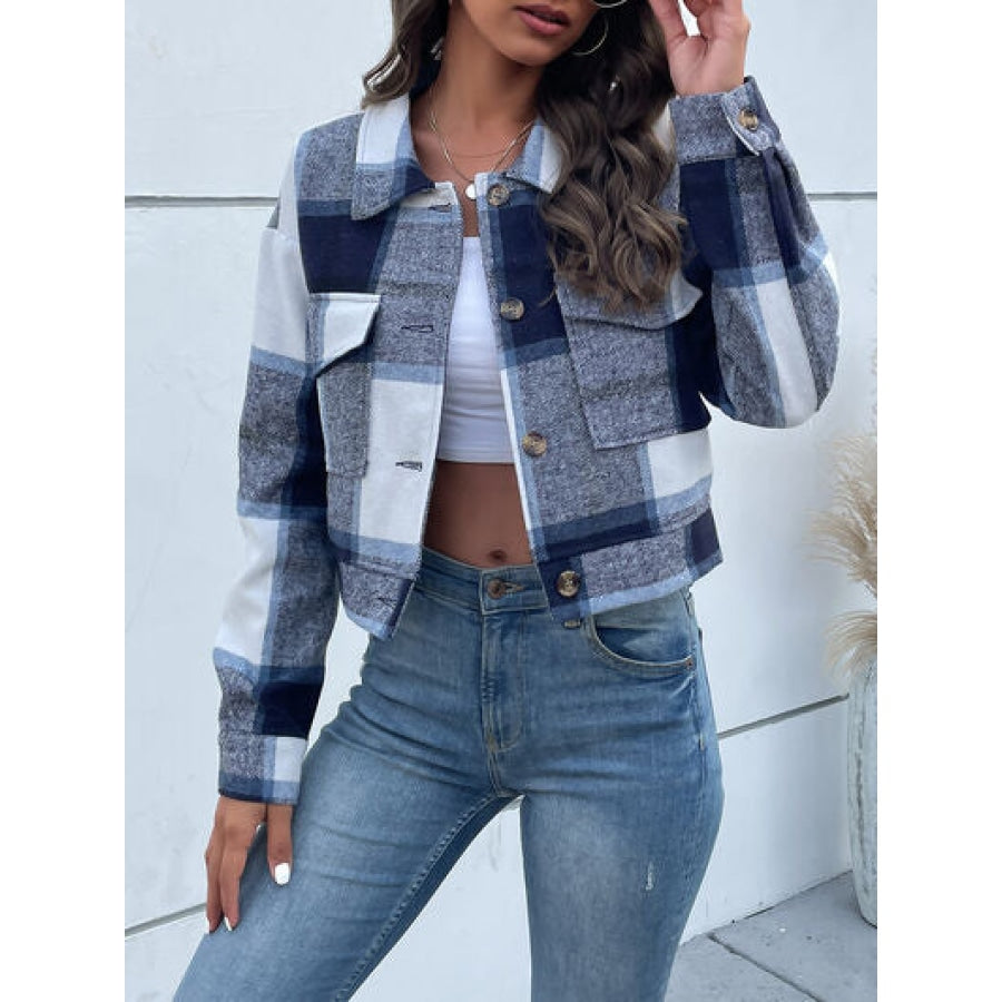 Plaid Button Up Drop Shoulder Cropped Jacket Apparel and Accessories