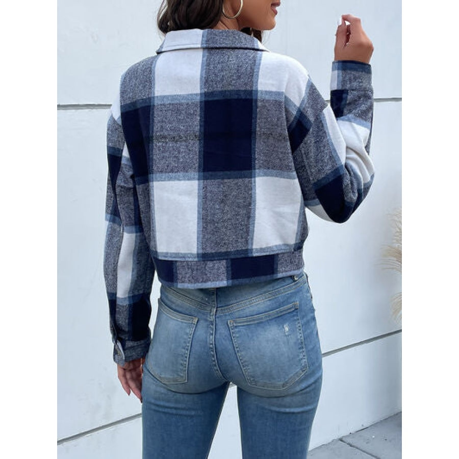 Plaid Button Up Drop Shoulder Cropped Jacket Apparel and Accessories