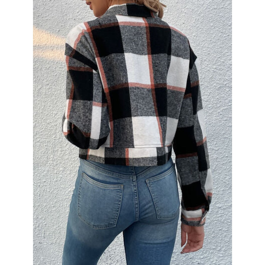 Plaid Button Up Drop Shoulder Cropped Jacket Apparel and Accessories