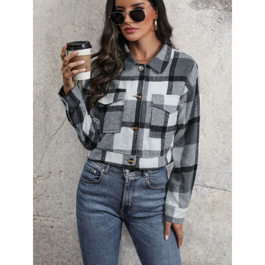 Plaid Button Up Drop Shoulder Cropped Jacket Apparel and Accessories