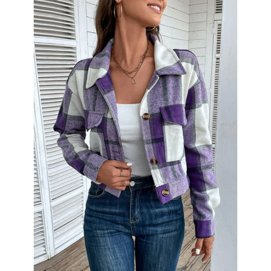 Plaid Button Up Drop Shoulder Cropped Jacket Apparel and Accessories