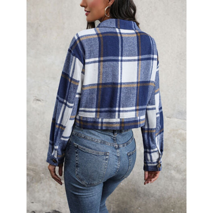 Plaid Button Up Drop Shoulder Cropped Jacket Apparel and Accessories