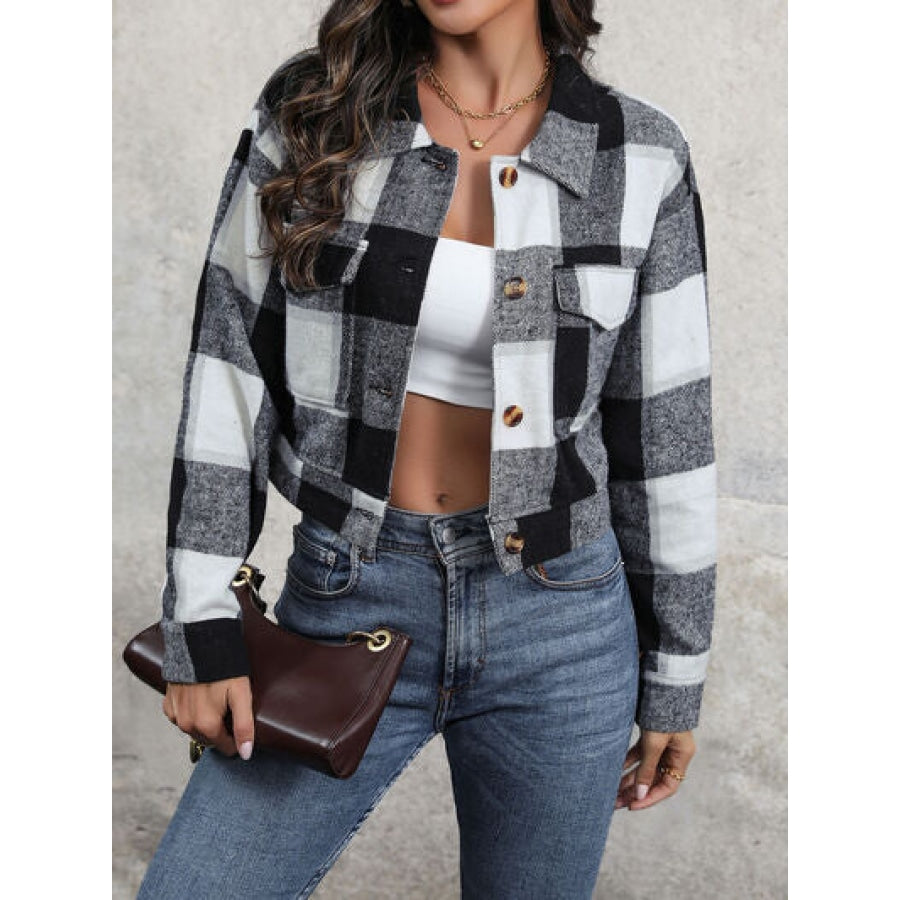 Plaid Button Up Drop Shoulder Cropped Jacket Black / S Apparel and Accessories