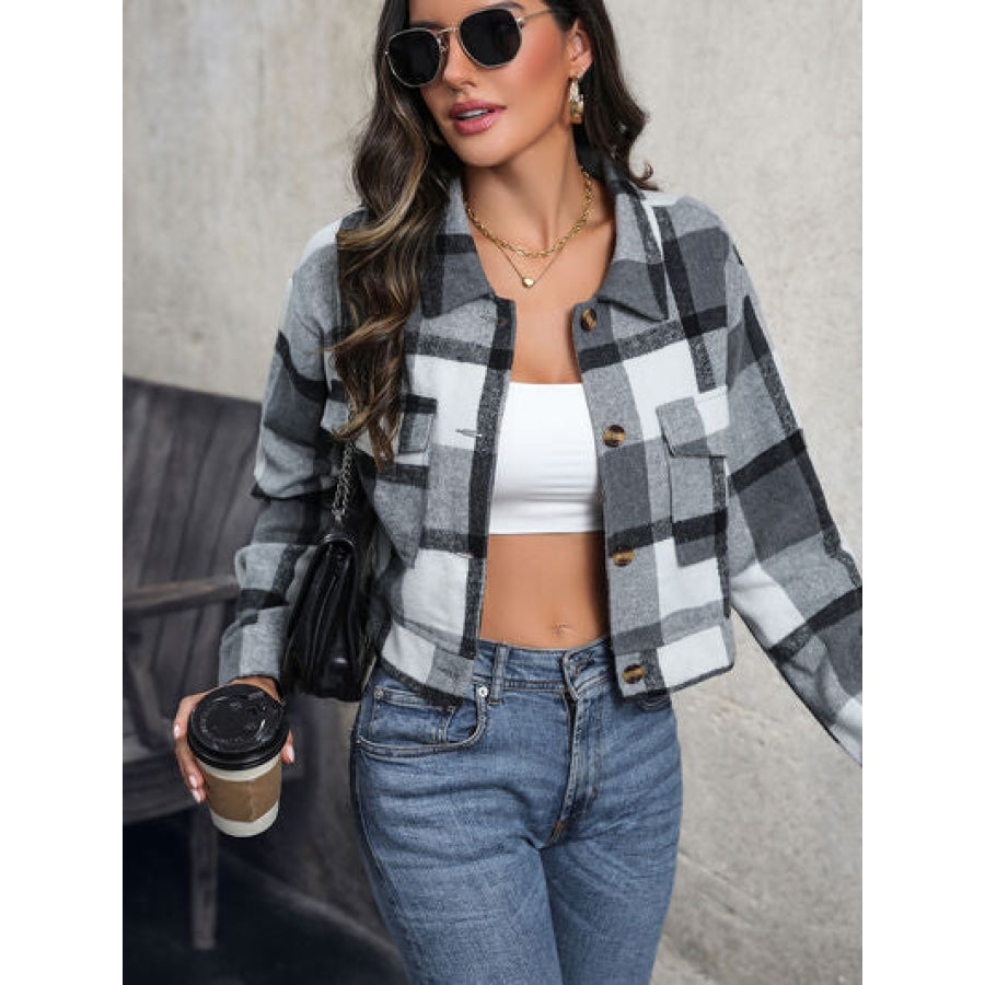 Plaid Button Up Drop Shoulder Cropped Jacket Charcoal / S Apparel and Accessories