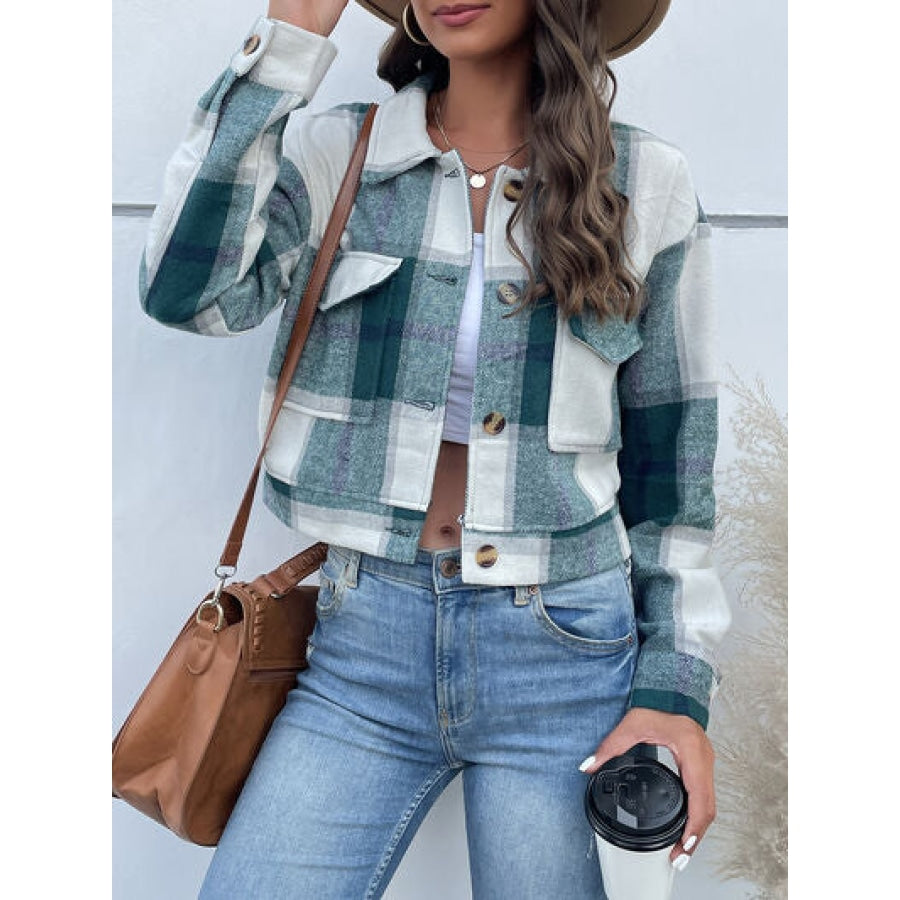 Plaid Button Up Drop Shoulder Cropped Jacket Mid Green / S Apparel and Accessories