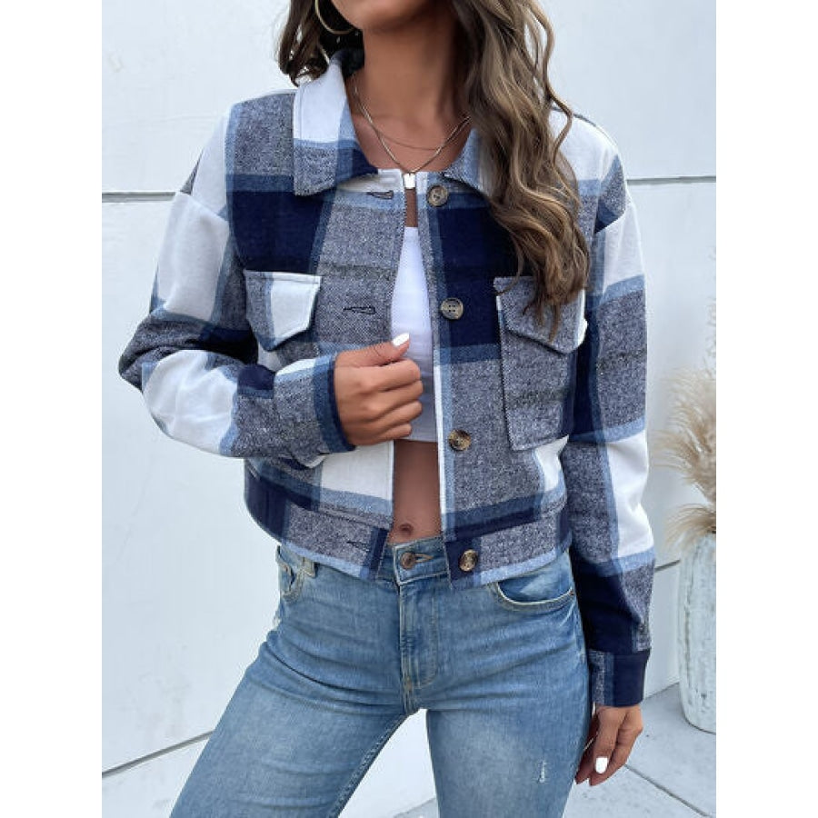 Plaid Button Up Drop Shoulder Cropped Jacket Navy / S Apparel and Accessories