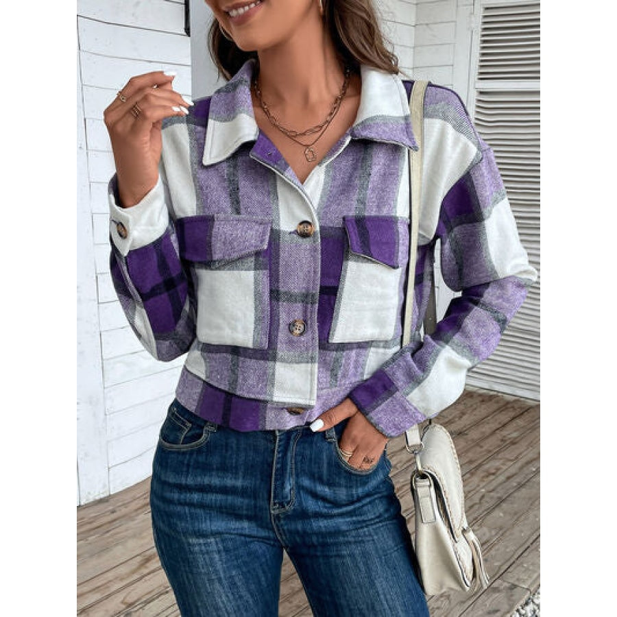 Plaid Button Up Drop Shoulder Cropped Jacket Periwinkle / S Apparel and Accessories