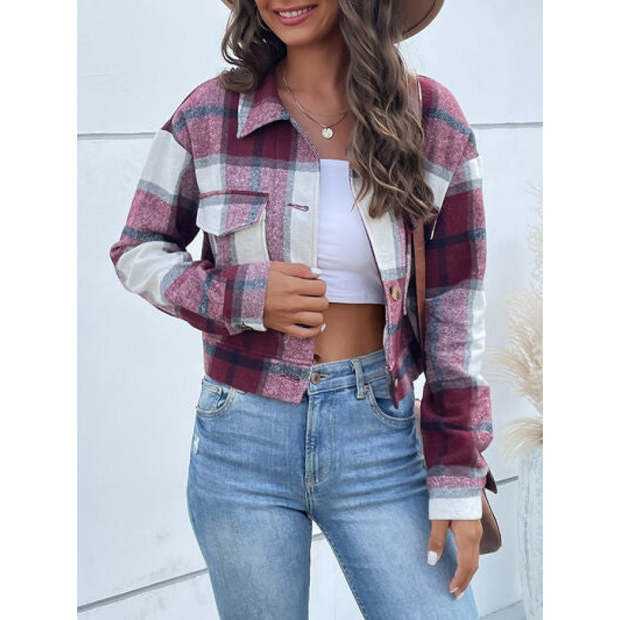 Plaid Button Up Drop Shoulder Cropped Jacket Plum / S Apparel and Accessories