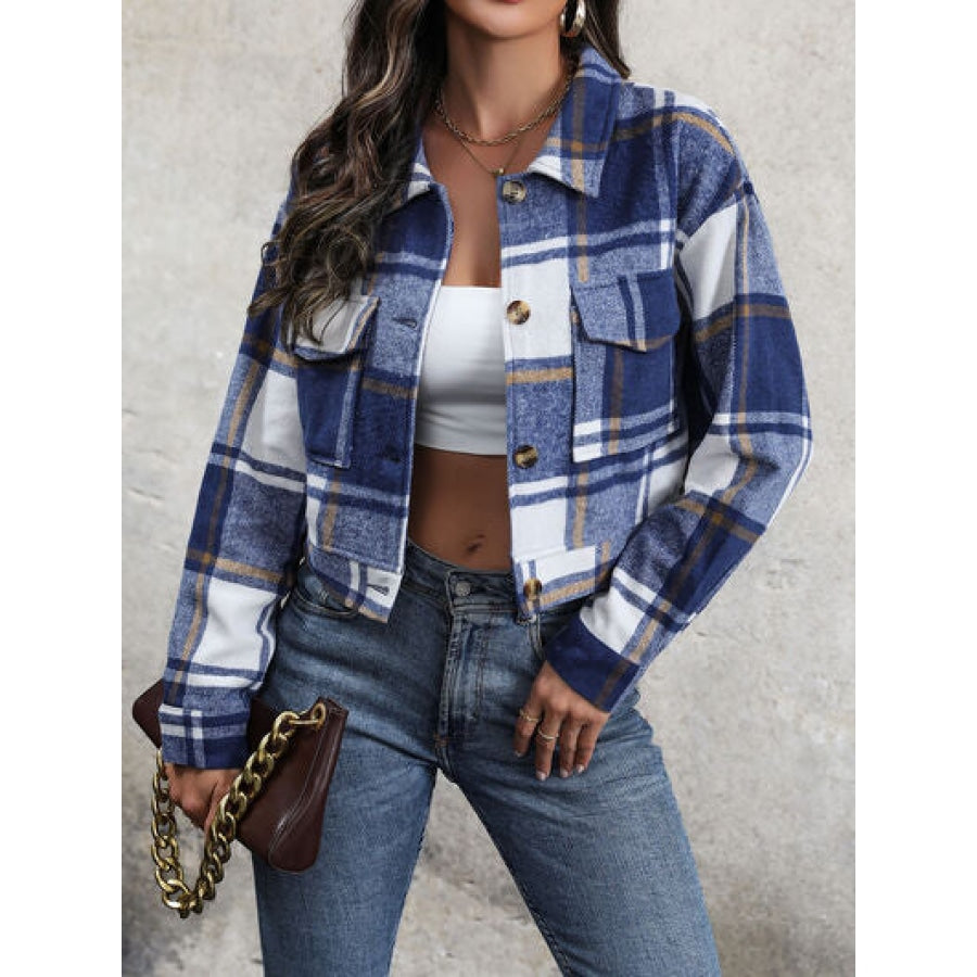 Plaid Button Up Drop Shoulder Cropped Jacket Royal Blue / S Apparel and Accessories