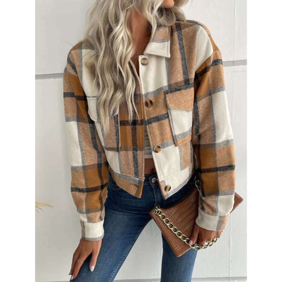 Plaid Button Up Drop Shoulder Cropped Jacket Tan / S Apparel and Accessories