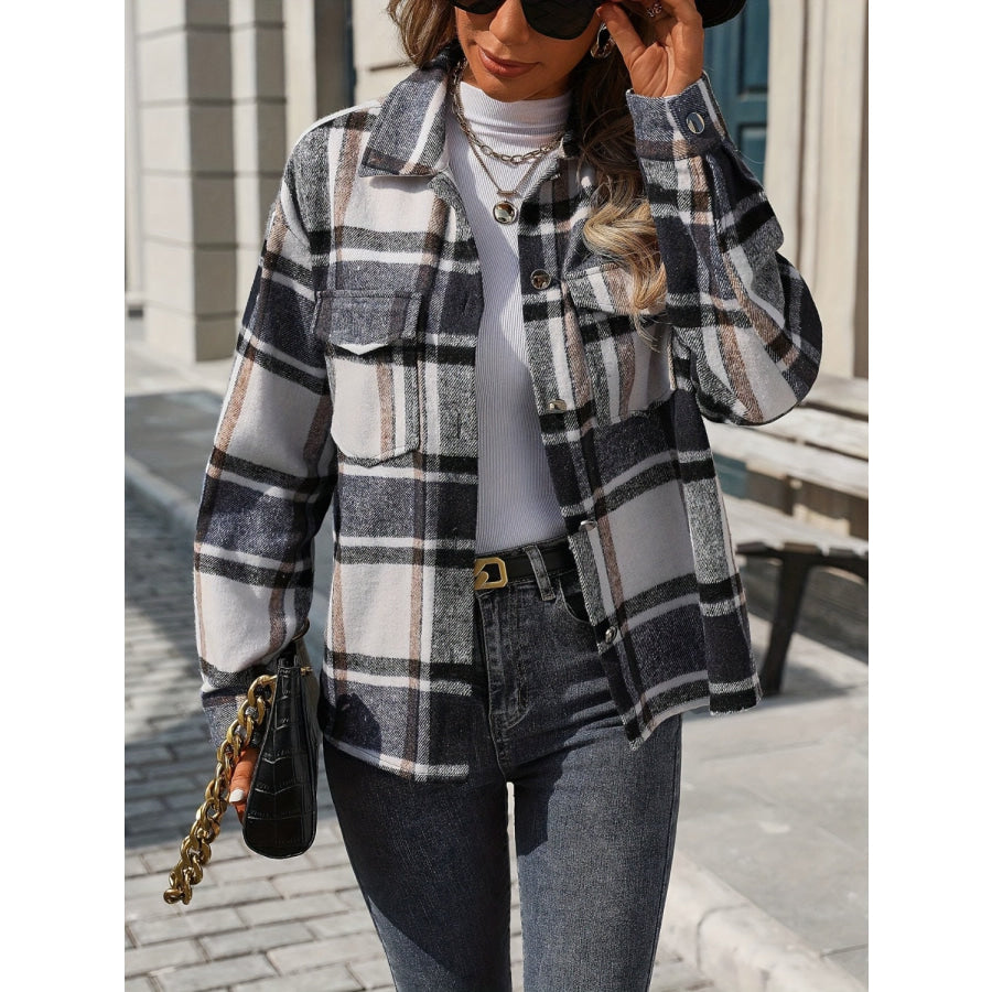 Plaid Button Up Drop Shoulder Jacket Apparel and Accessories