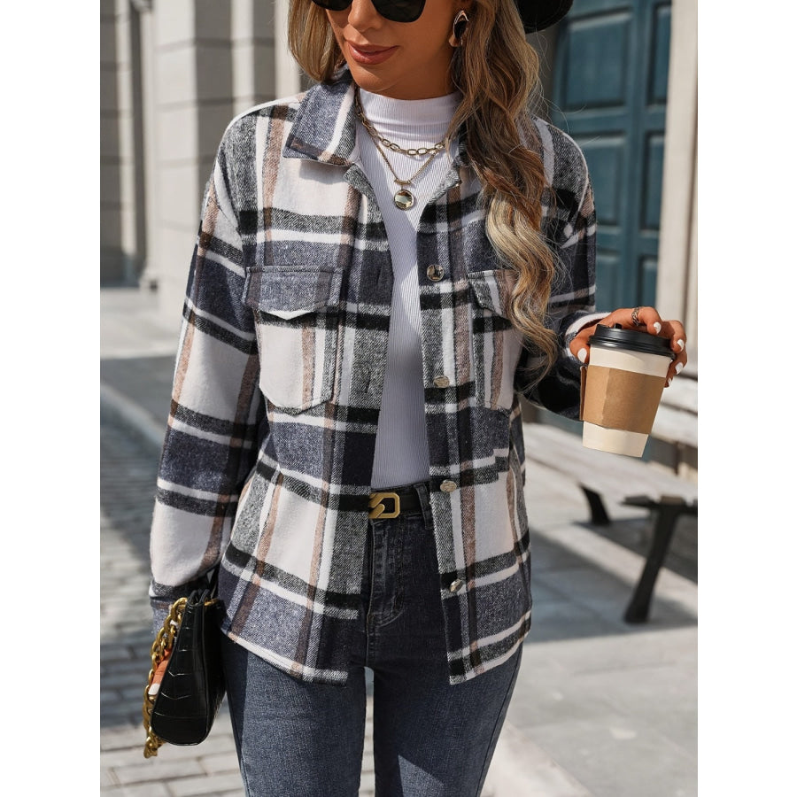 Plaid Button Up Drop Shoulder Jacket Apparel and Accessories