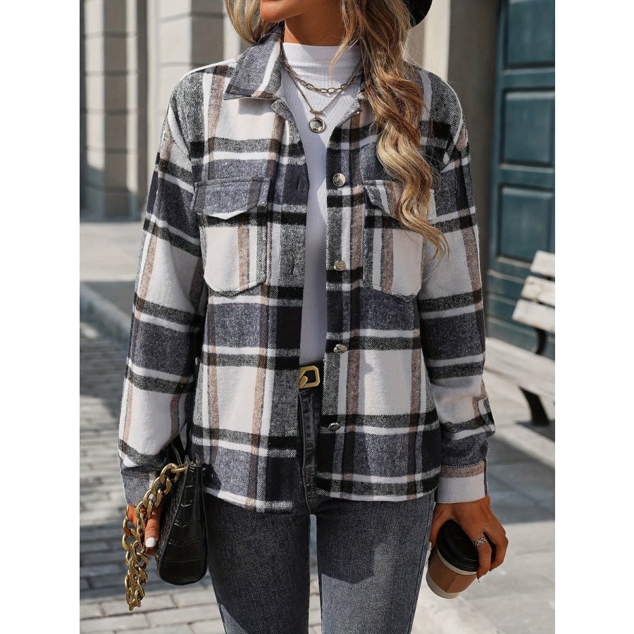 Plaid Button Up Drop Shoulder Jacket Black / S Apparel and Accessories