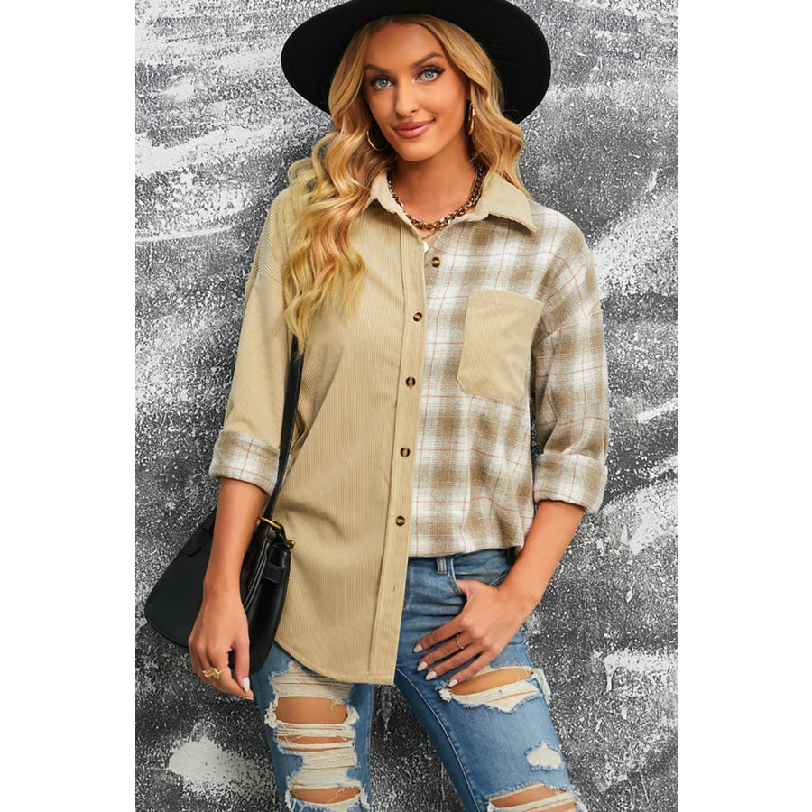 Plaid Button Up Drop Shoulder Shacket Apparel and Accessories