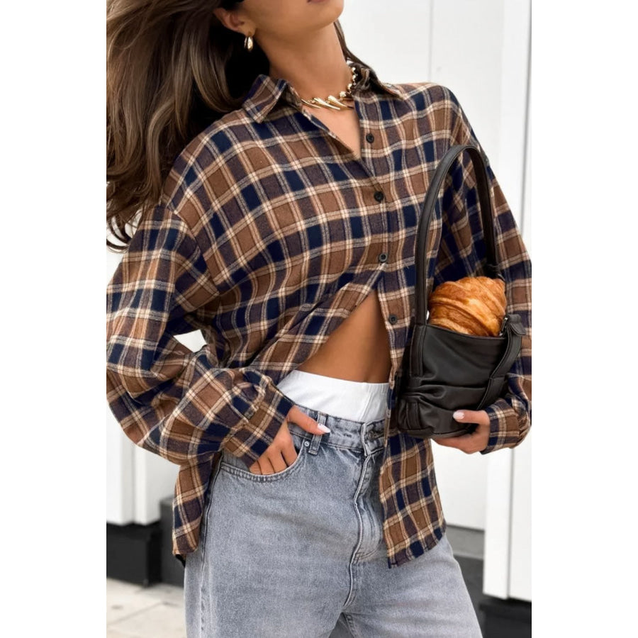 Plaid Button Up Drop Shoulder Shacket Apparel and Accessories