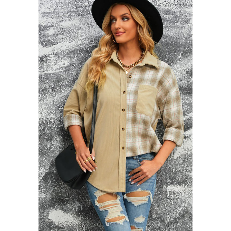 Plaid Button Up Drop Shoulder Shacket Apparel and Accessories