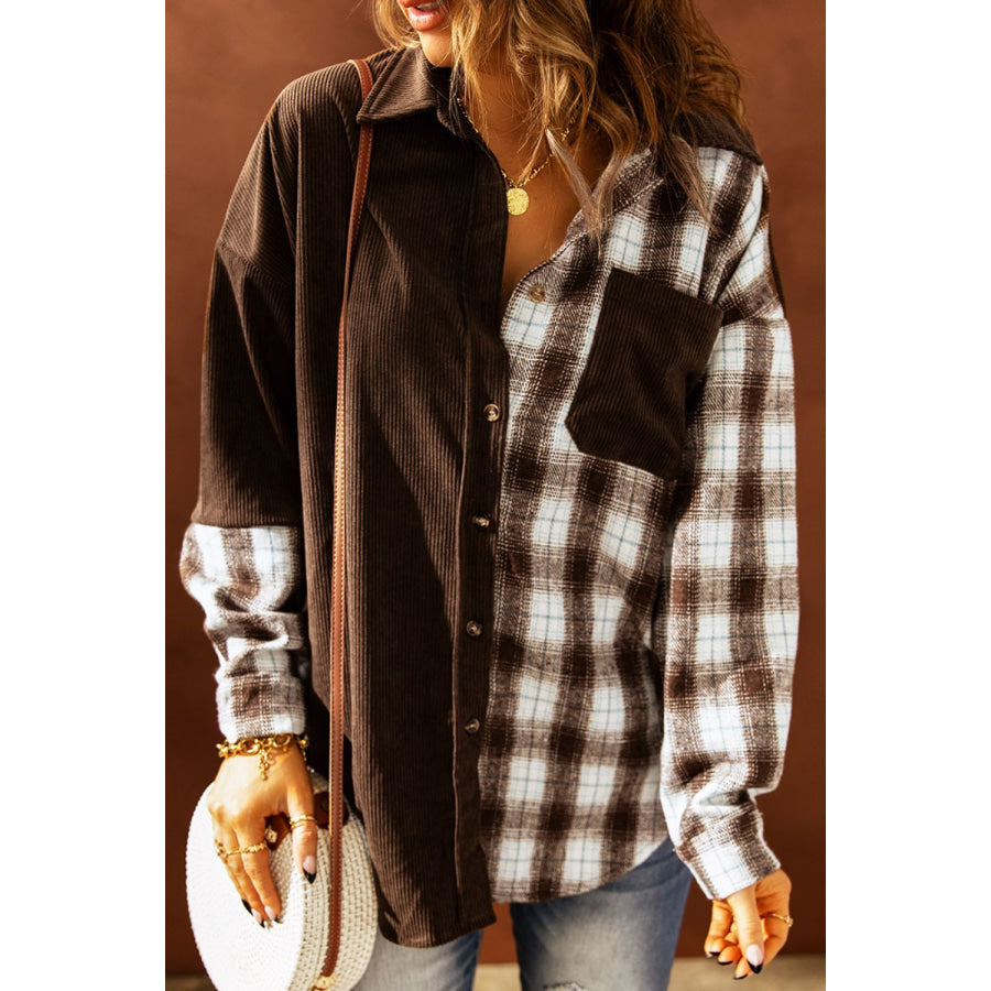 Plaid Button Up Drop Shoulder Shacket Apparel and Accessories