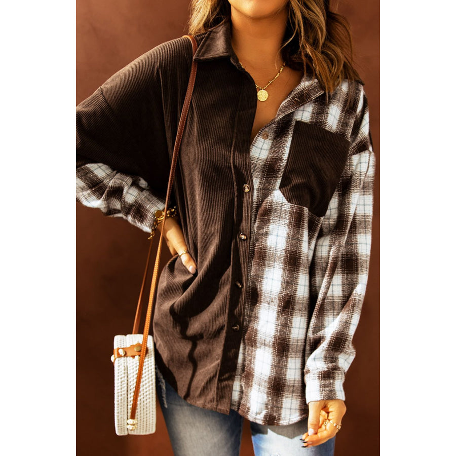 Plaid Button Up Drop Shoulder Shacket Apparel and Accessories