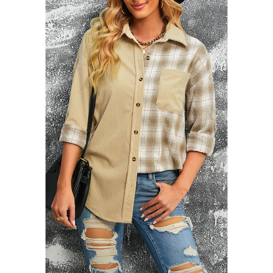 Plaid Button Up Drop Shoulder Shacket Beige / S Apparel and Accessories