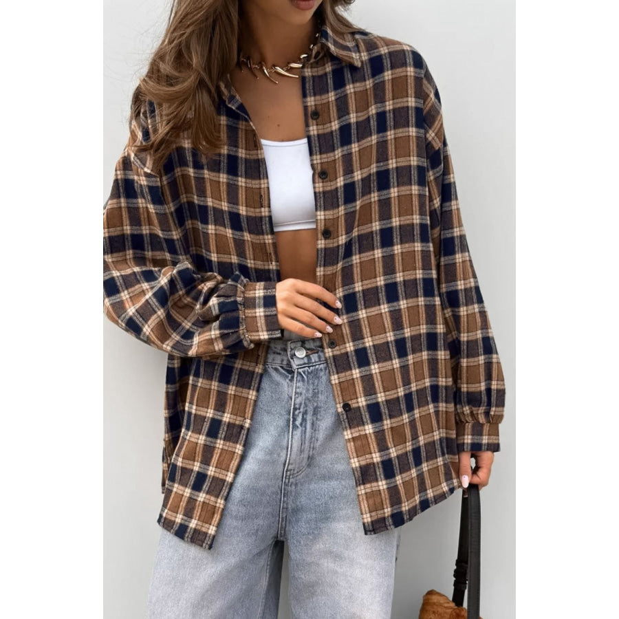 Plaid Button Up Drop Shoulder Shacket Brown / S Apparel and Accessories