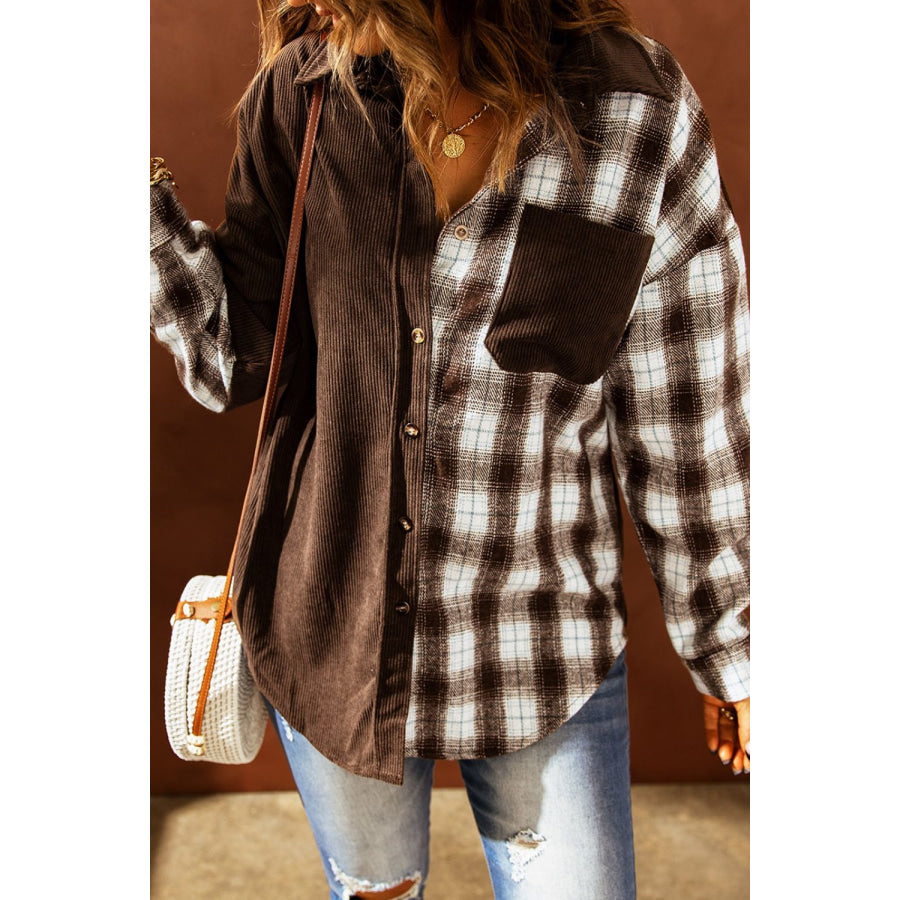 Plaid Button Up Drop Shoulder Shacket Coffee Brown / S Apparel and Accessories