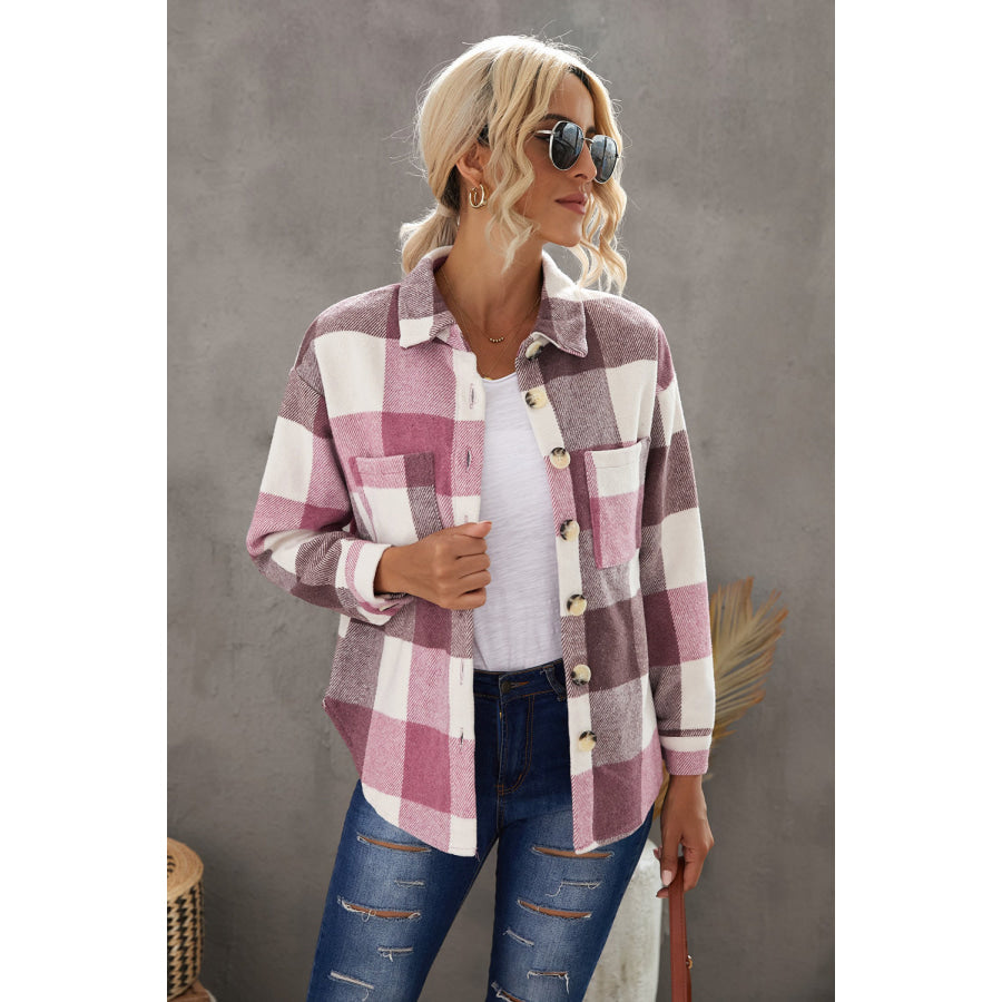 Plaid Button Up Dropped Shoulder Jacket Apparel and Accessories