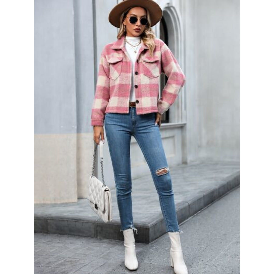 Plaid Button Up Dropped Shoulder Jacket Apparel and Accessories