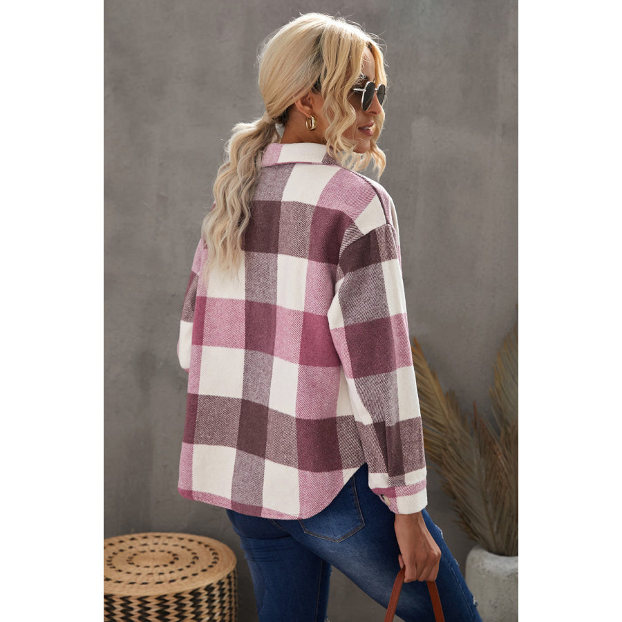 Plaid Button Up Dropped Shoulder Jacket Apparel and Accessories