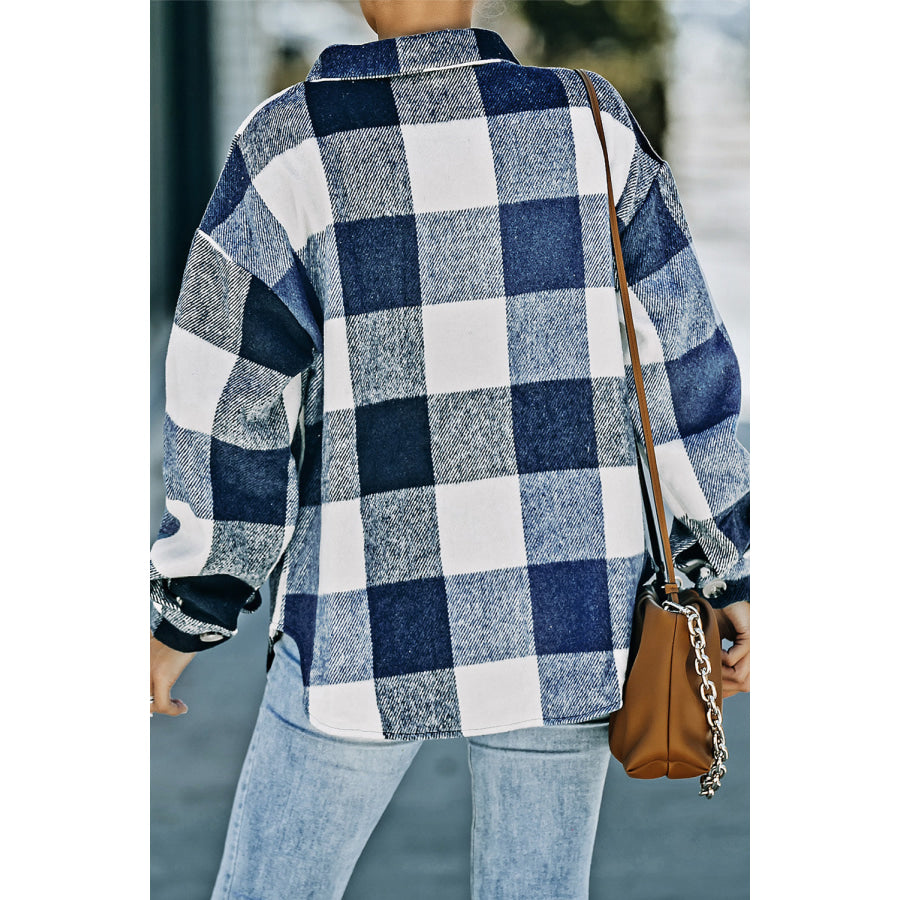 Plaid Button Up Dropped Shoulder Jacket Apparel and Accessories