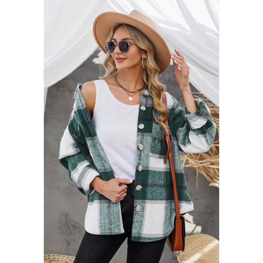 Plaid Button Up Dropped Shoulder Jacket Apparel and Accessories