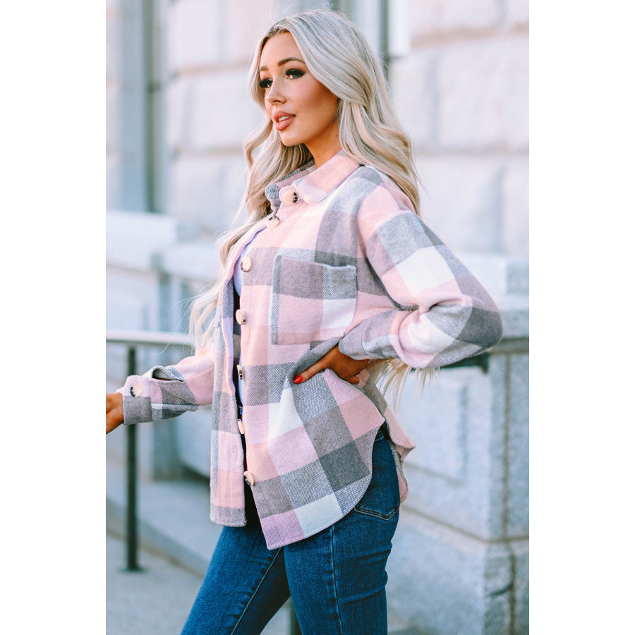 Plaid Button Up Dropped Shoulder Jacket Apparel and Accessories