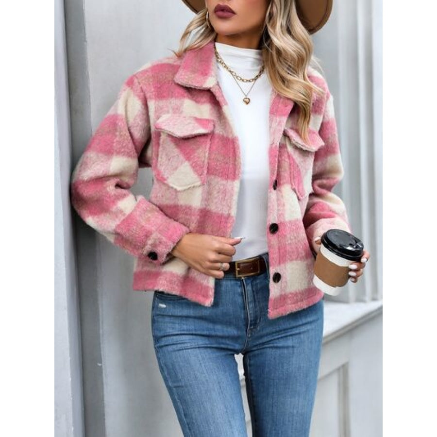 Plaid Button Up Dropped Shoulder Jacket Apparel and Accessories