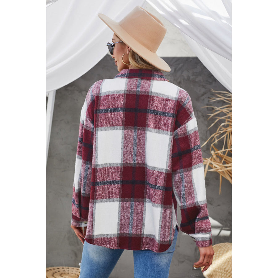 Plaid Button Up Dropped Shoulder Jacket Apparel and Accessories