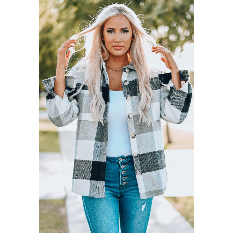 Plaid Button Up Dropped Shoulder Jacket Apparel and Accessories