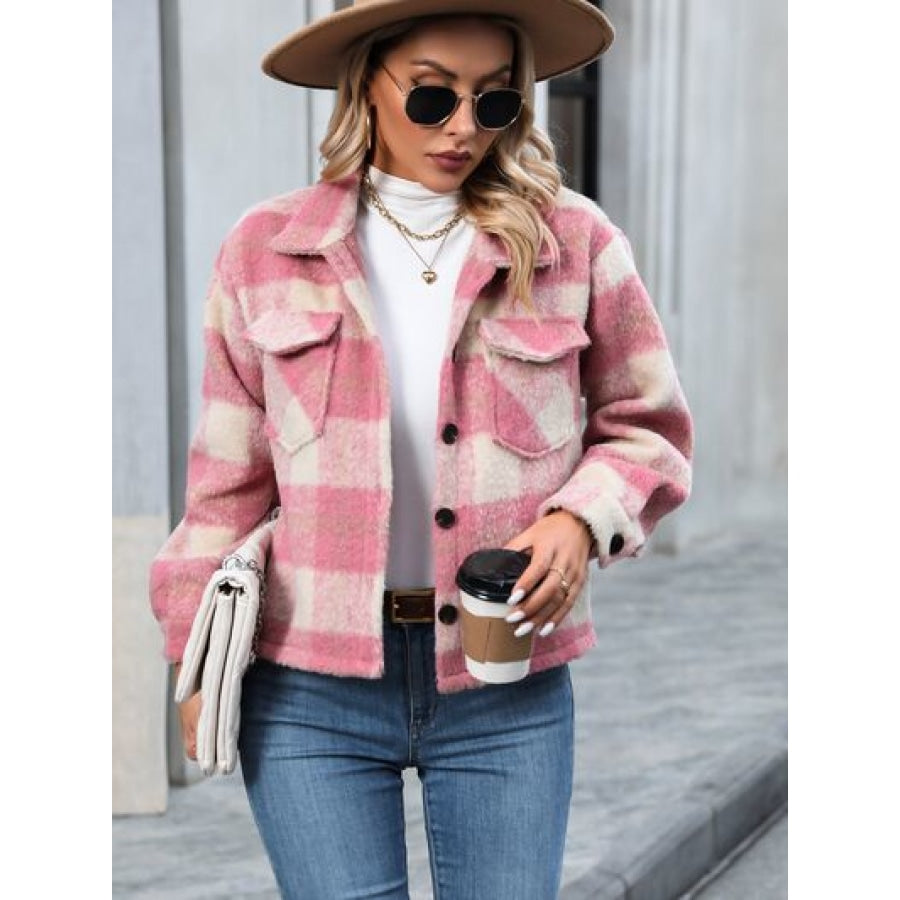 Plaid Button Up Dropped Shoulder Jacket Apparel and Accessories