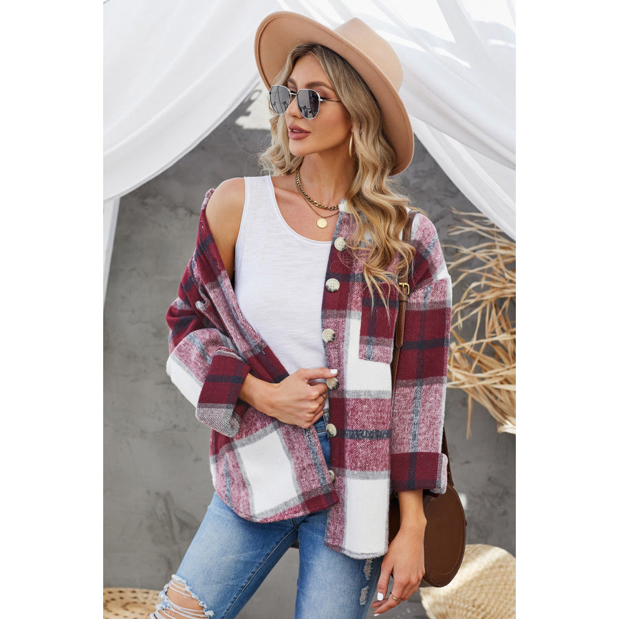 Plaid Button Up Dropped Shoulder Jacket Apparel and Accessories