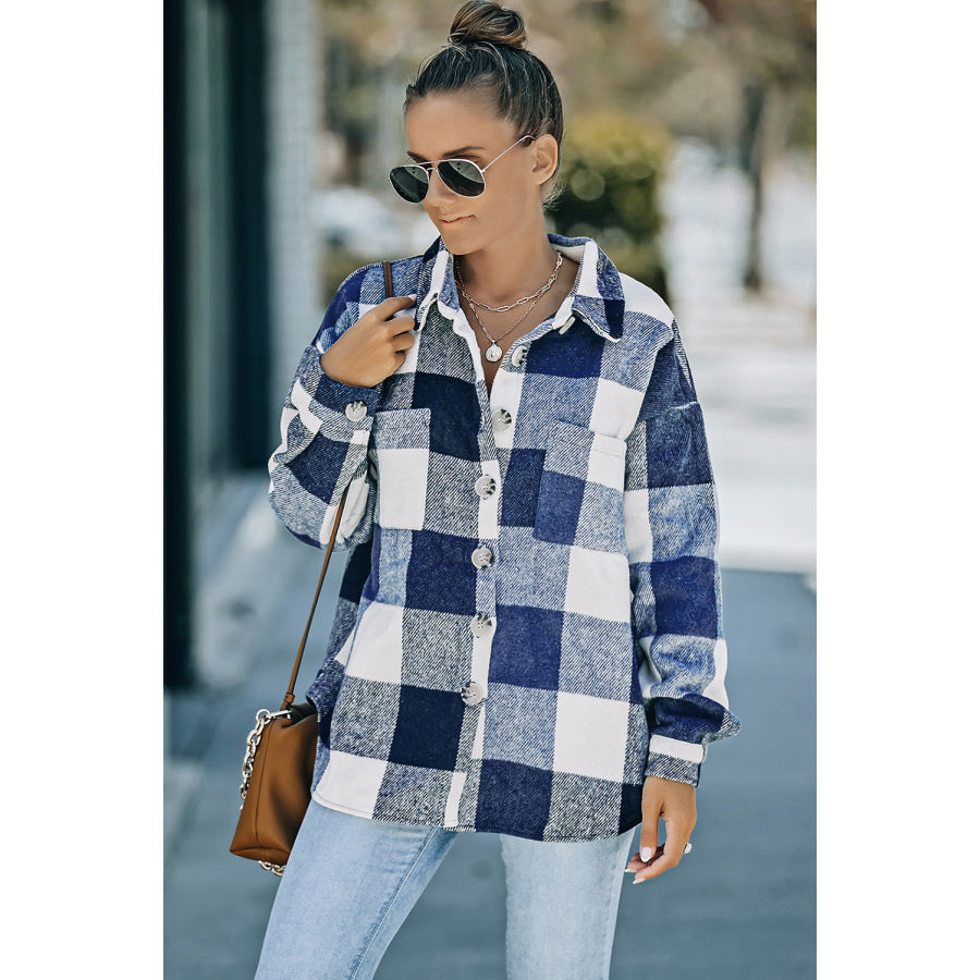 Plaid Button Up Dropped Shoulder Jacket Apparel and Accessories