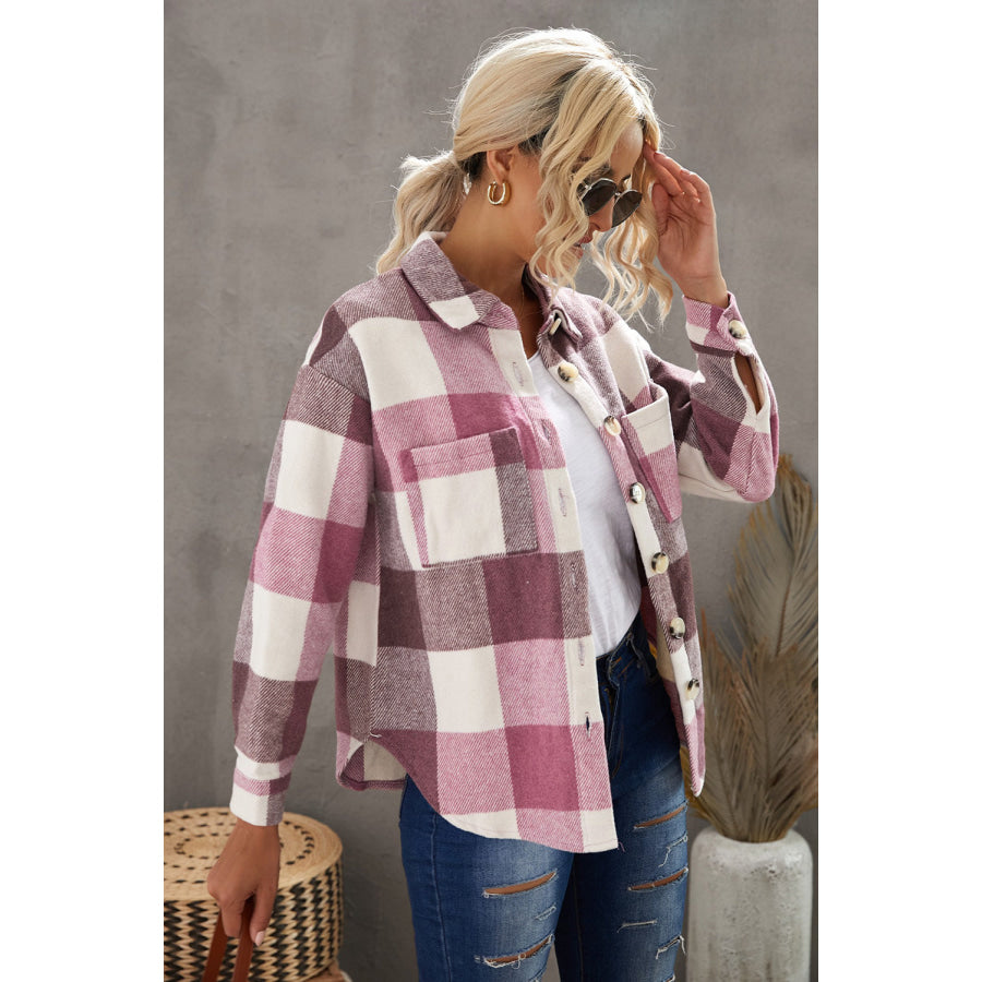 Plaid Button Up Dropped Shoulder Jacket Apparel and Accessories